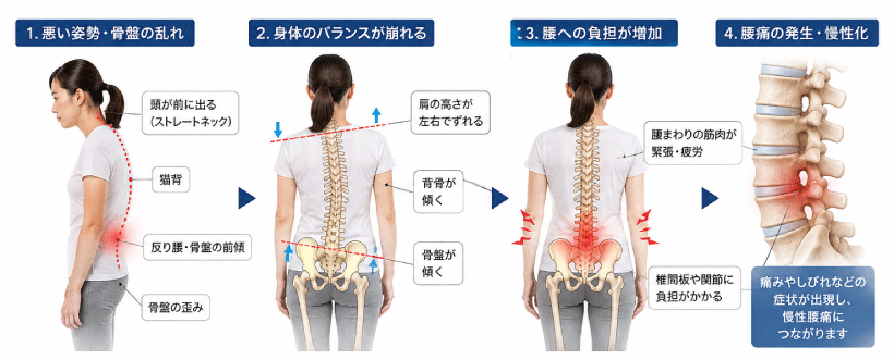 姿勢や骨盤の乱れによって腰に負担がかかる仕組み
