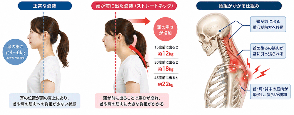 頭が前に出た姿勢によって首や肩に負担がかかる仕組み